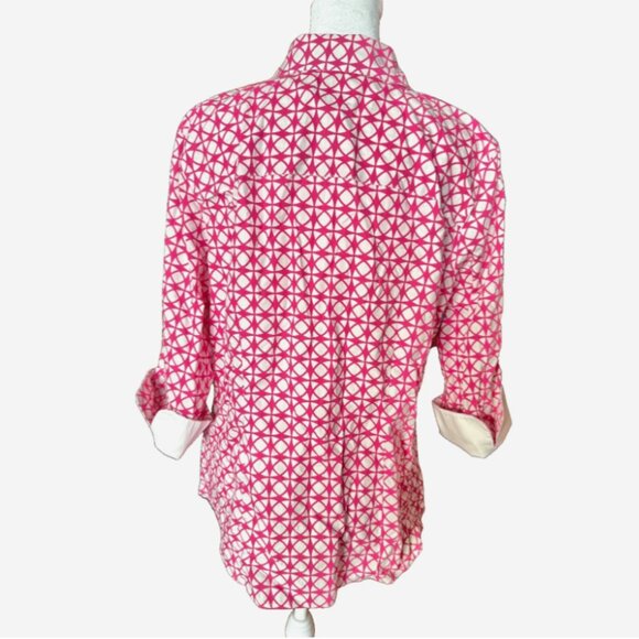 Chico’s Women’s Size 2 (L) Pink White Geometric Print Button-Down Blouse - Picture 2 of 9